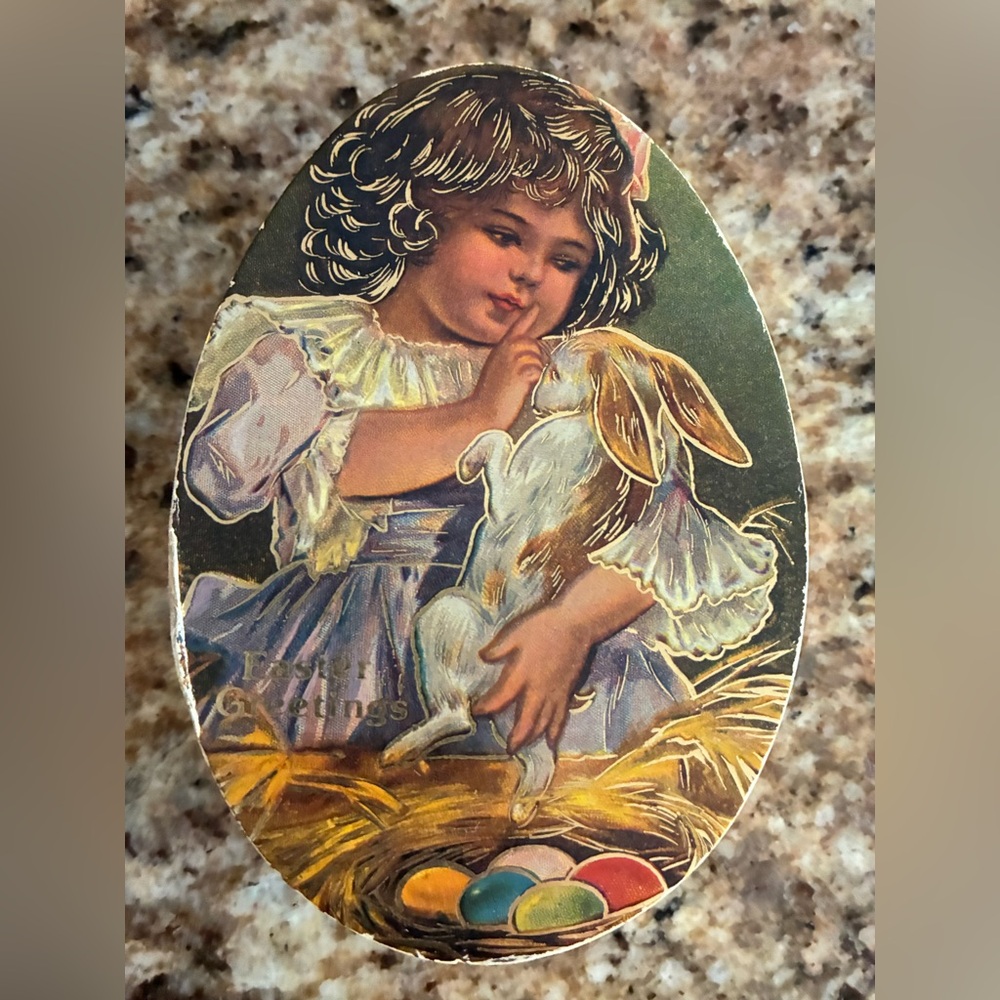 Easter Vintage Style Oval Plastic Tin with Girl and Rabbit